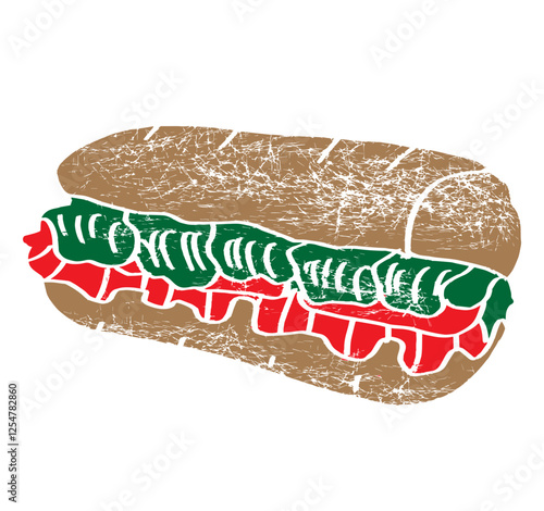 Short submarine sandwich with tomato, cheddar cheese, and cow beef ham croque textured vector illustration