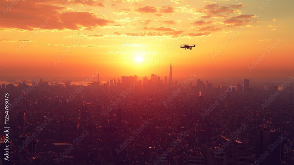 Naklejka premium Aerial cityscape sunset view, dense city buildings, warm orange and yellow light, silhouette of a vehicle, dramatic sky, modern architecture, urban