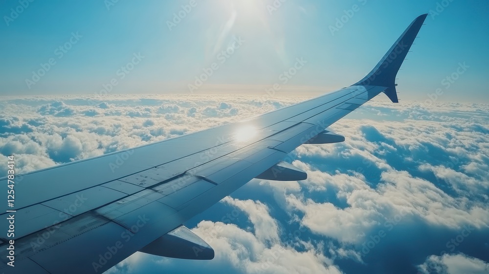 Obraz premium High angle view of aircraft wing over fluffy clouds, bright sunlight shining through the wing, serene atmosphere, sunny day, aerial perspective