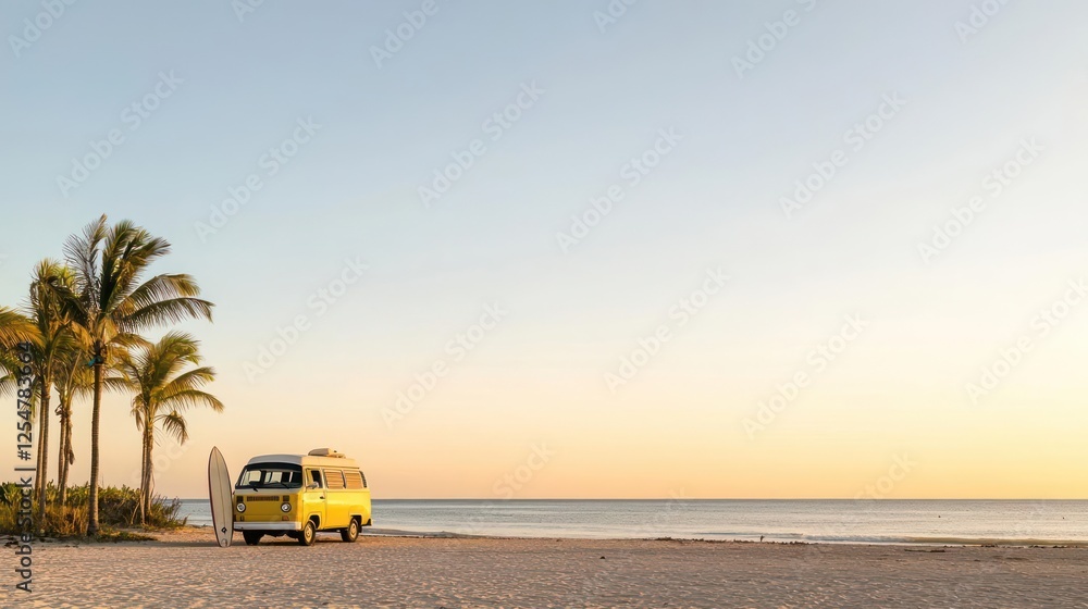 Fototapeta premium Yellow Camper Van On Beach At Sunset