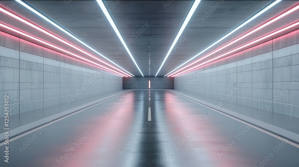 Modern illuminated tunnel with sleek design, featuring futuristic lighting and reflective surfaces in urban setting. Modern illuminated tunnel with sleek design, featuring futuristic lighting and reflective surfaces in urban setting.