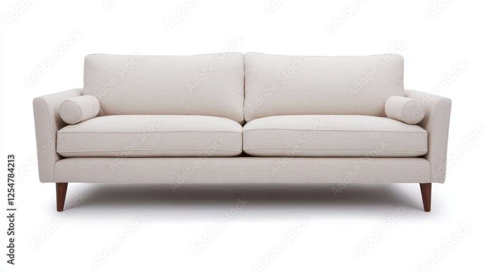 Modern beige sofa with cylindrical cushions against a white background, ideal for interior design settings Modern beige sofa with cylindrical cushions against a white background, ideal for interior design settings