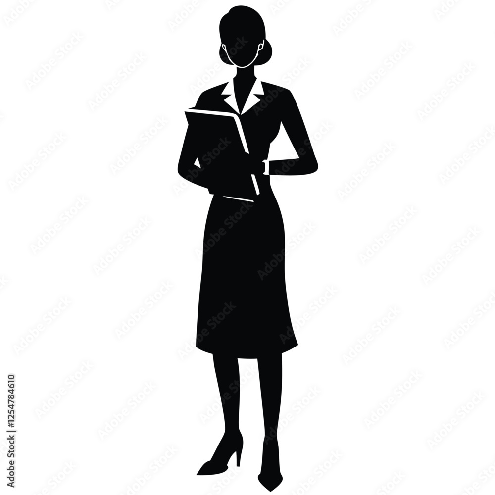 A silhouette of a female teacher standing gracefully, holding a book A silhouette of a female teacher standing gracefully, holding a book