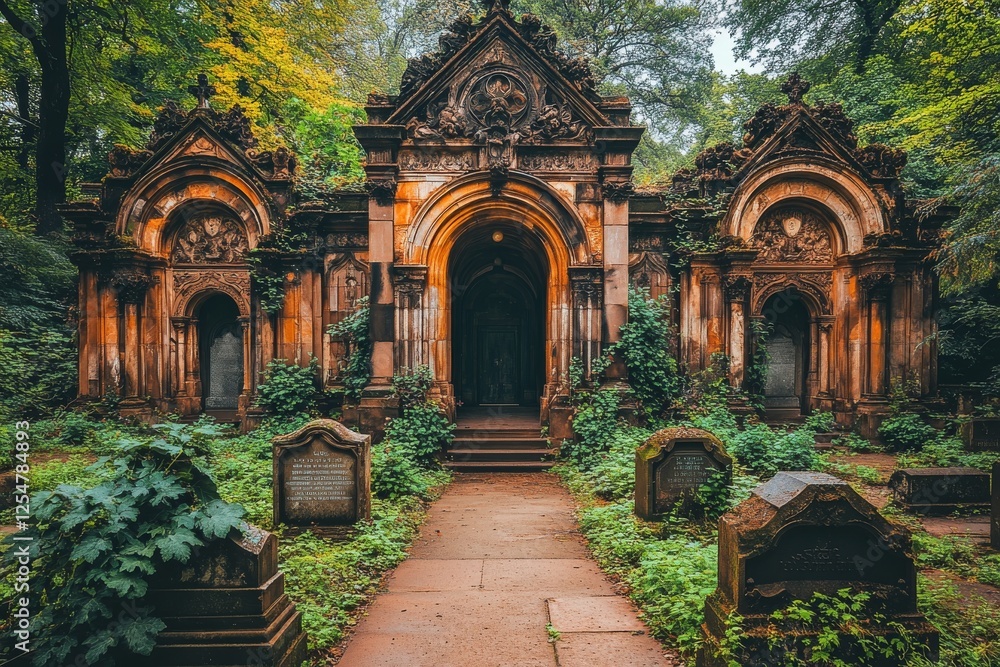 Fototapeta premium Historic mausoleum surrounded by overgrown foliage in a serene cemetery during autumn