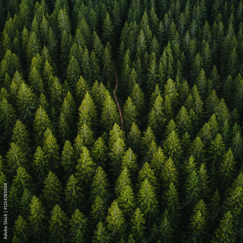 Aerial view of winding path through dense evergreen forest Aerial view of winding path through dense evergreen forest