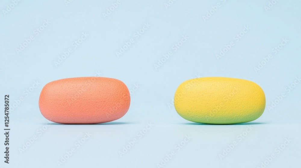 Two colorful smooth stones on a light blue background Two colorful smooth stones on a light blue background