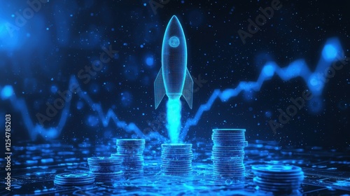 A futuristic rocket launching from a stack of digital coins, symbolizing investment and growth in cryptocurrency. A blend of technology and finance.