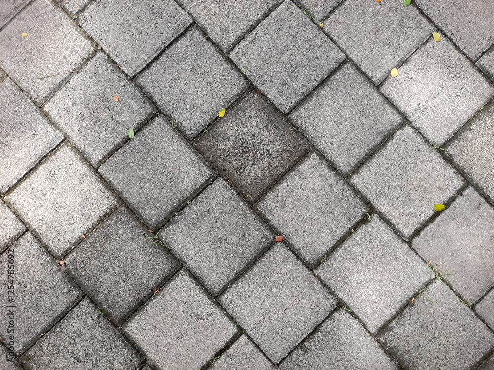 Textured Gray Brick Pavement with Fallen Leaves Textured Gray Brick Pavement with Fallen Leaves