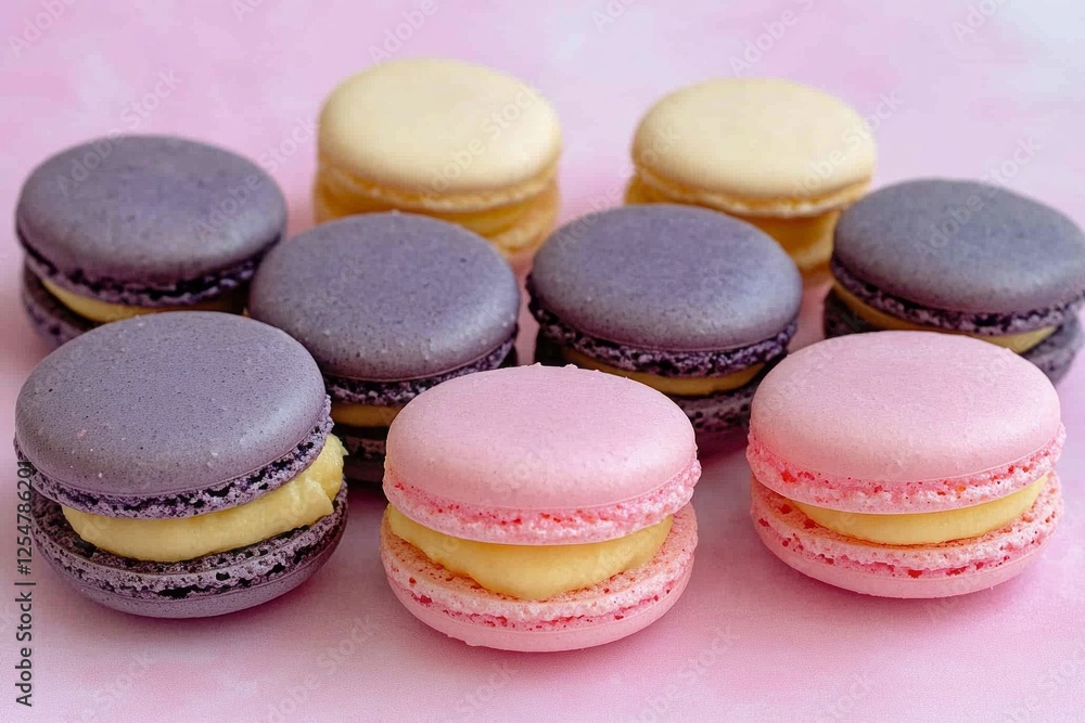 Vibrant macarons in shades of purple, pink, and yellow are beautifully arranged on a soft pastel background, showcasing their delicate fillings. Perfect for dessert lovers Vibrant macarons in shades of purple, pink, and yellow are beautifully arranged on a soft pastel background, showcasing their delicate fillings. Perfect for dessert lovers