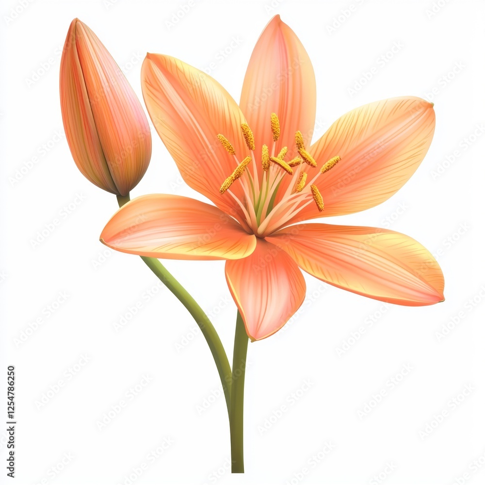 Fototapeta premium Elegant Orange Lily Flower Blooming with Bud and Green Stem Isolated on White Background