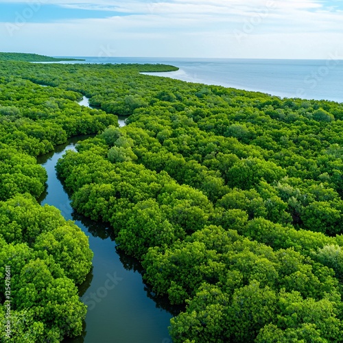 Coastal mangrove forest aerial view, lush green canopy, winding river, ocean background; environmental conservation