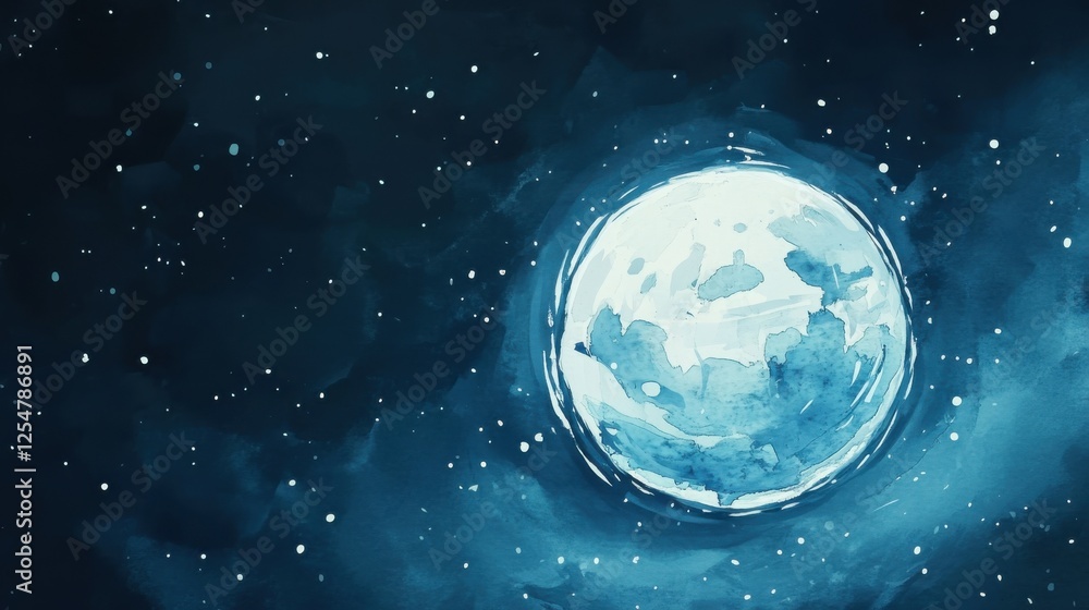 Naklejka premium A stunning watercolor illustration of a full moon glowing against a deep blue starry sky, evoking a sense of wonder and calm in the cosmos.