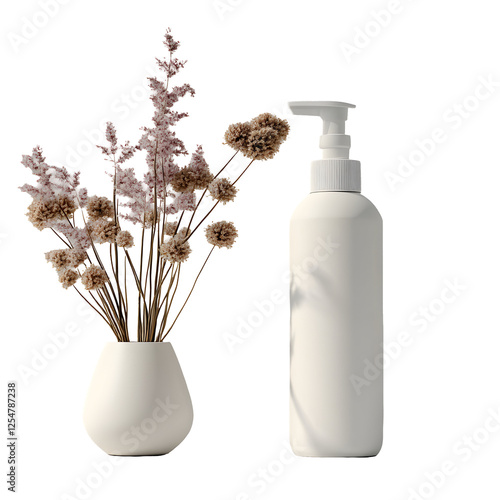 Monochrome pump bottle & dried flowers in vase on transparent background