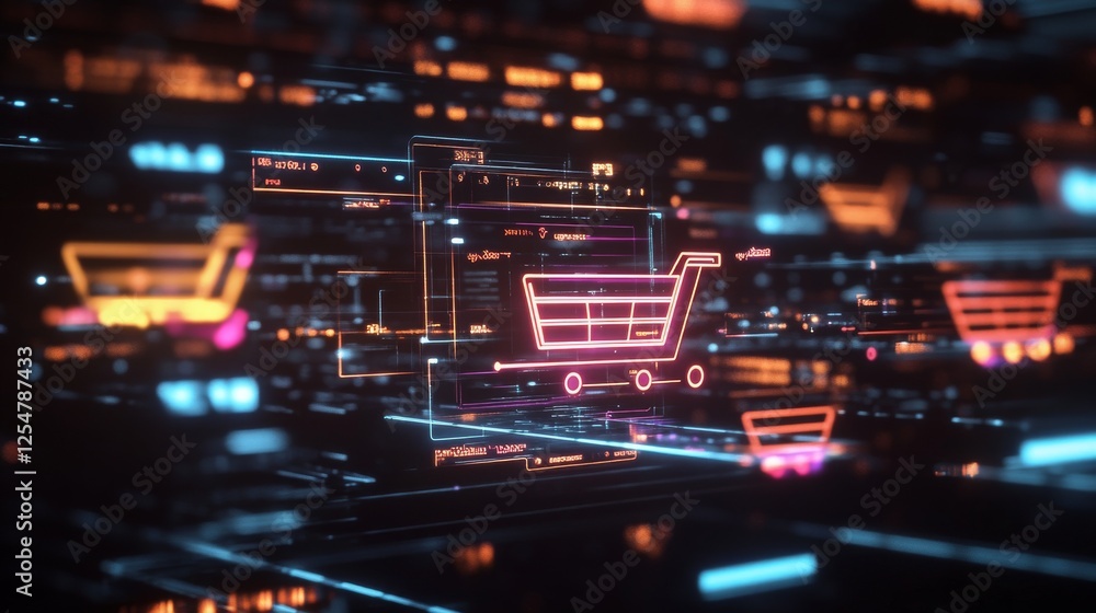 digital commerce hologram, worldwide shopping network, glowing cart icons, elegant device interaction, business professional detail, premium dark atmosphere, floating retail symbols, global market digital commerce hologram, worldwide shopping network, glowing cart icons, elegant device interaction, business professional detail, premium dark atmosphere, floating retail symbols, global market