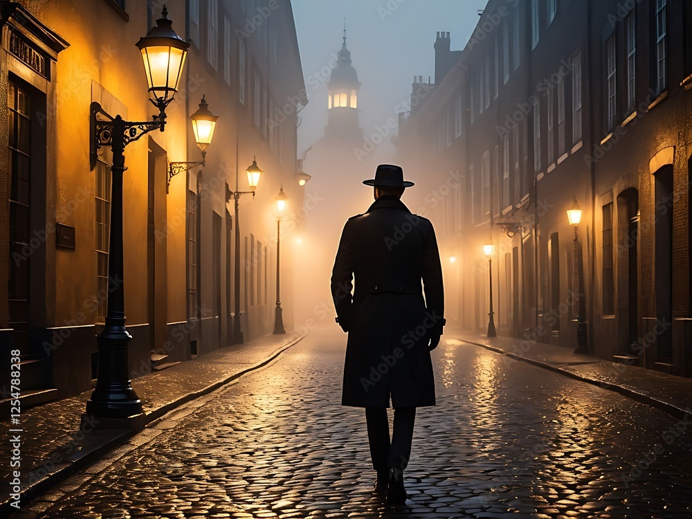 Mysterious Figure in Foggy Street Scene, A mysterious figure in a long coat and hat walks down a foggy, cobblestone street illuminated by vintage street lamps. A distant tower looms through the mist Mysterious Figure in Foggy Street Scene, A mysterious figure in a long coat and hat walks down a foggy, cobblestone street illuminated by vintage street lamps. A distant tower looms through the mist
