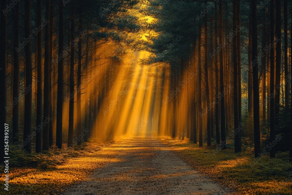 Naklejka premium Golden Sunlight Path Through Forest