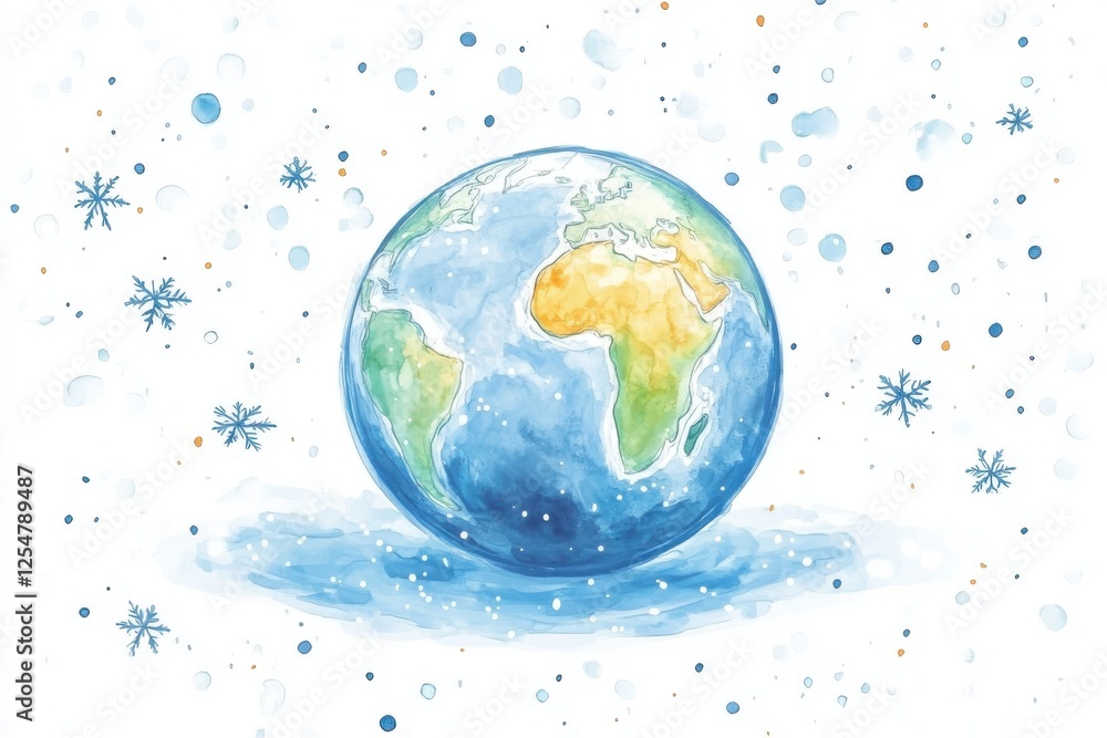 A vibrant watercolor illustration of the Earth, showcasing its blue oceans and green continents against a gentle, starry background. A vibrant watercolor illustration of the Earth, showcasing its blue oceans and green continents against a gentle, starry background.