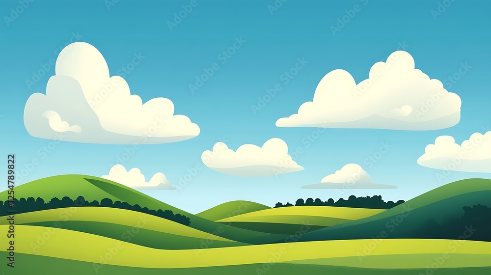 Fototapeta premium Rolling Green Hills Under a Blue Sky with Fluffy Clouds