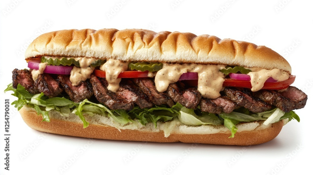 A hearty kebab sandwich with a mix of grilled beef, fresh salad, and creamy sauce, isolated on a white surface. A hearty kebab sandwich with a mix of grilled beef, fresh salad, and creamy sauce, isolated on a white surface.
