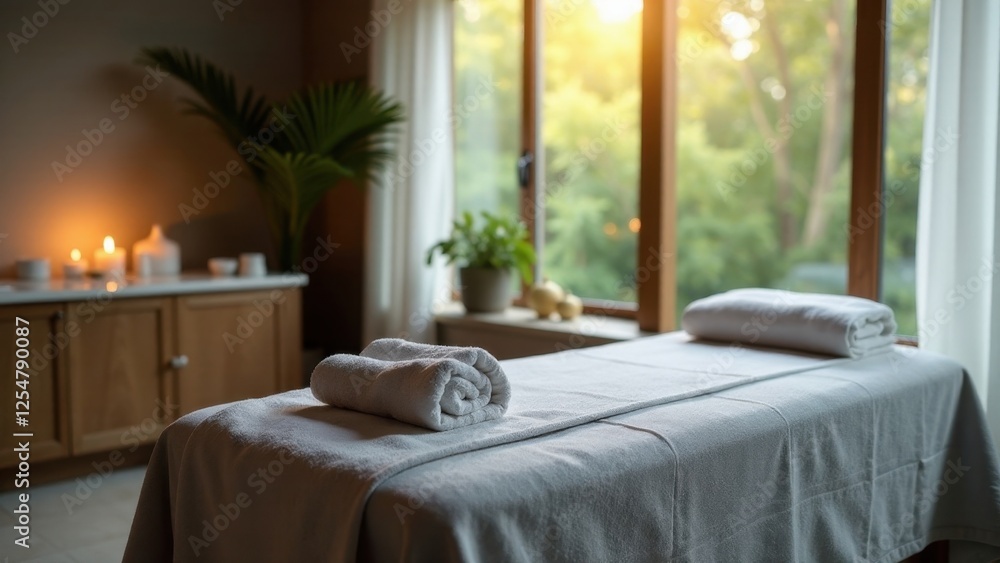 Fototapeta premium Serene Spa Treatment Room Ready for Relaxation with Soft Towels and Natural Light