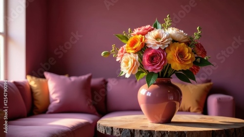 Wallpaper Mural Vibrant bouquet of colorful flowers in a stylish vase adorns a wooden coffee table, nestled in a relaxing living room setting with a plush sofa and soft pillows. Torontodigital.ca