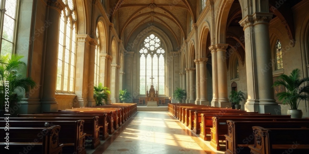 Fototapeta premium Sunlit Sanctuary Rows of Wooden Pews in a Tranquil Church with Tall Columns and Large Windows