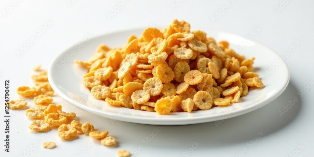 A delightful serving of crispy, golden-colored cereal pieces rests on a pristine white plate, scattered pieces add to the inviting presentation. A delightful serving of crispy, golden-colored cereal pieces rests on a pristine white plate, scattered pieces add to the inviting presentation.