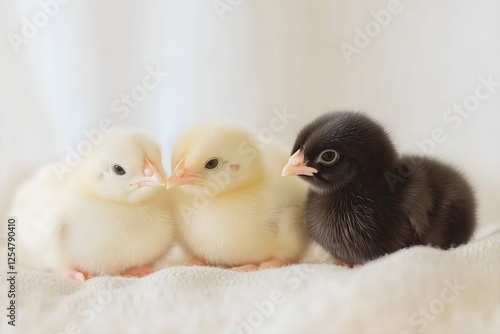 Three cute chicks, white and black, different plumage colors, easter spring, spring design, for farm animal promo, horizontal photo