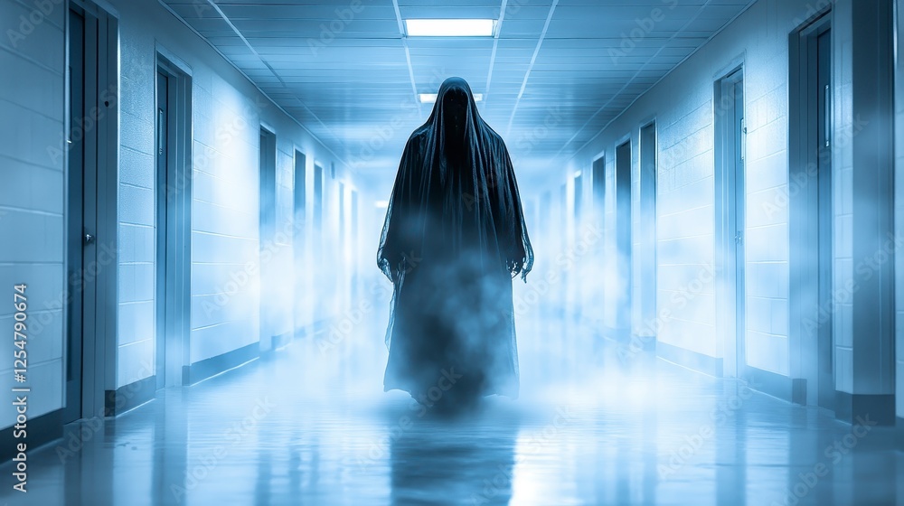 Fototapeta premium Silhouette of a figure in dark garment walking down a foggy hospital hallway, low light, blue toned