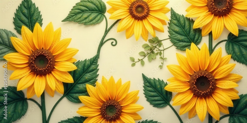 Obraz premium Vibrant Sunflowers Arranged Artistically with Lush Green Foliage on a Soft Background