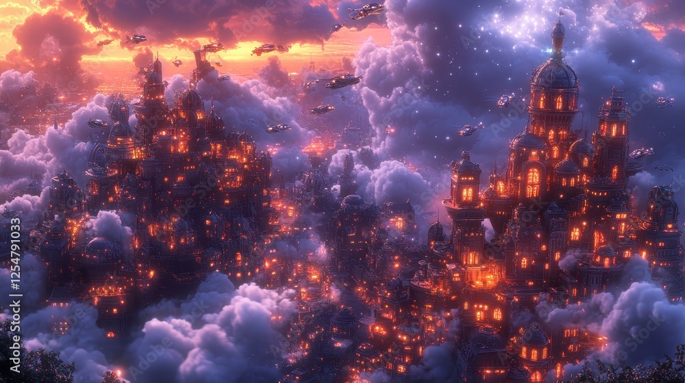 City of glowing structures floating above clouds, pixelated cityscapes, vibrant lights, dramatic sunset sky, fantasy digital art, ethereal City of glowing structures floating above clouds, pixelated cityscapes, vibrant lights, dramatic sunset sky, fantasy digital art, ethereal