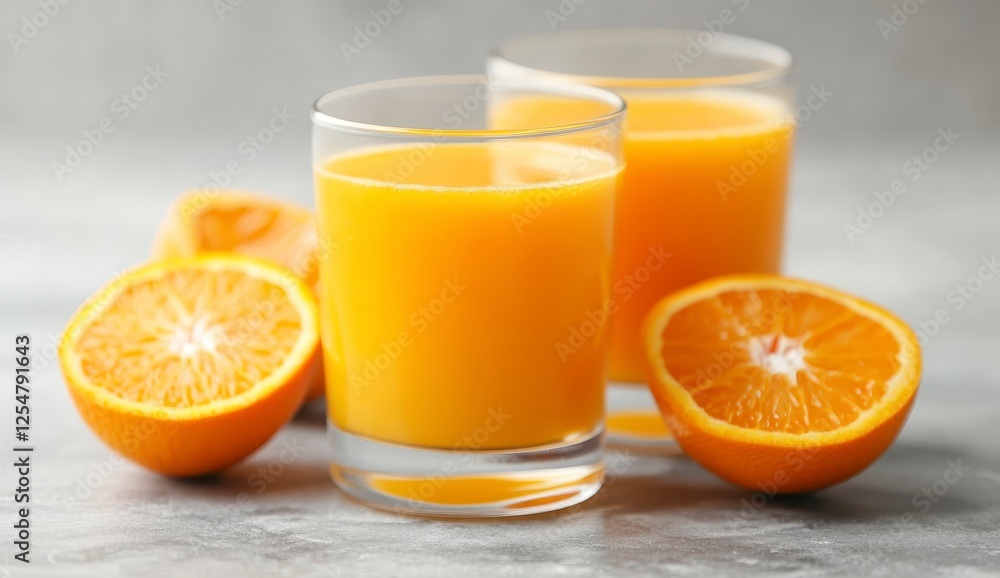 Two glasses of fruit juice alongside fresh fruit slices on a gray surface. Bright citrus tones dominate Two glasses of fruit juice alongside fresh fruit slices on a gray surface. Bright citrus tones dominate