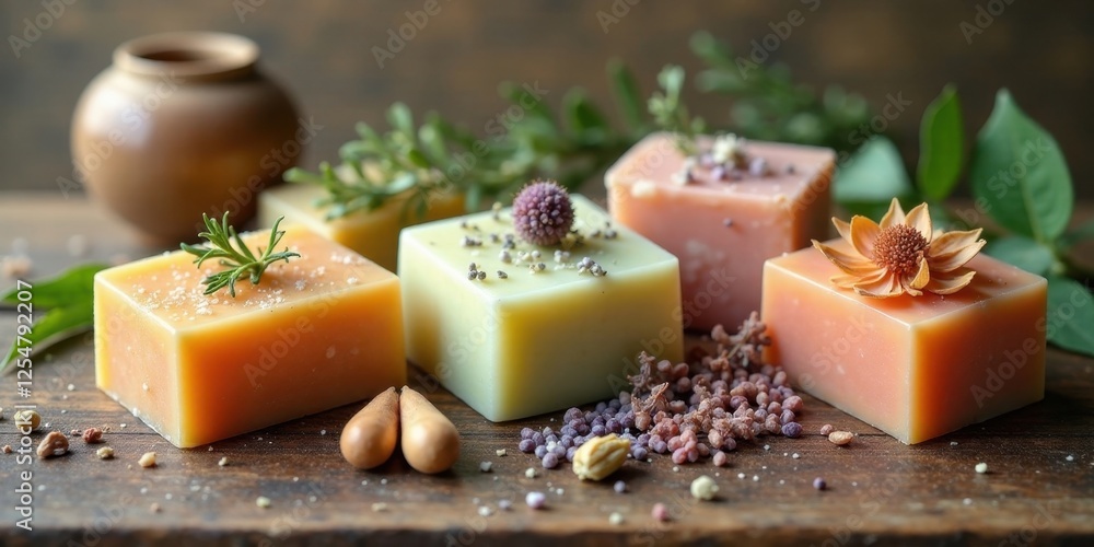 Artisan Herbal Soaps with Dried Flowers and Herbs on Rustic Wooden Surface Artisan Herbal Soaps with Dried Flowers and Herbs on Rustic Wooden Surface