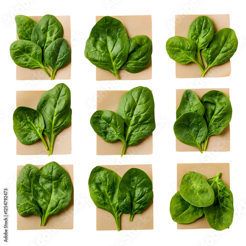 Fresh Spinach Leaves on Brown Paper, Isolated on White Background