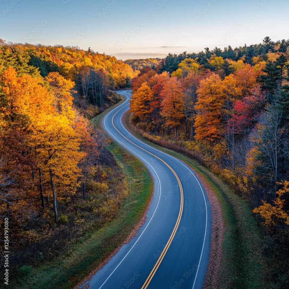 Naklejka premium Winding road through autumn foliage, scenic drive, fall colors, aerial view, travel photography