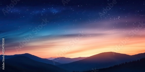 As the sun sets, majestic mountain silhouettes are kissed by golden light against a vibrant, star-studded sky.