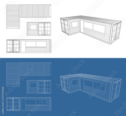 Container Building Technical Line Drawing with Blueprint Style in Multiple Views