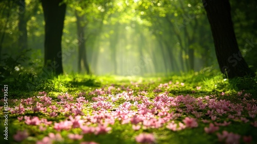 Sunlit forest path strewn with pink petals. Perfect for spring, nature, or serenity themes.