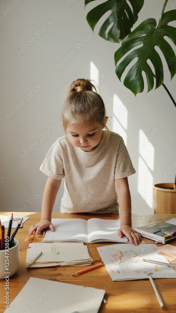 Child Girl Drawing at Wooden Table Indoors Child Girl Drawing at Wooden Table Indoors