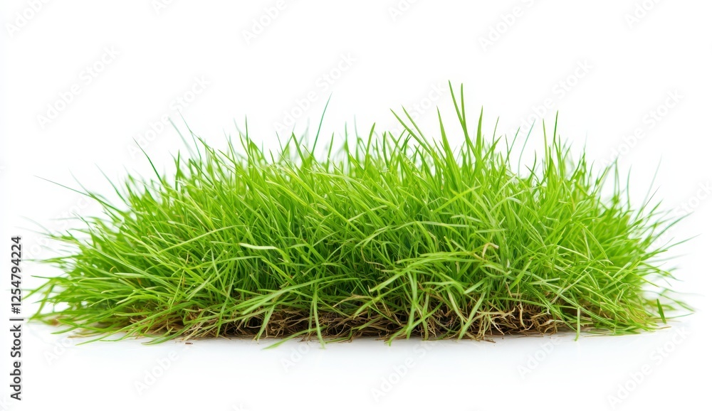 Close up view of fresh green grass tuft on white background, showcasing vibrant blades and stems Close up view of fresh green grass tuft on white background, showcasing vibrant blades and stems