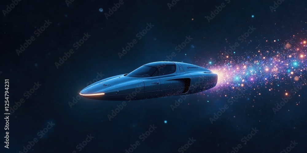 Futuristic vehicle speeding through space, leaving a vibrant trail of cosmic dust and energy Futuristic vehicle speeding through space, leaving a vibrant trail of cosmic dust and energy
