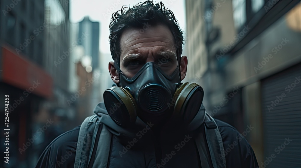 A man in a gas mask, standing still in an urban, post-apocalyptic scene, his eyes focused ahead with a sense of urgency. A man in a gas mask, standing still in an urban, post-apocalyptic scene, his eyes focused ahead with a sense of urgency.