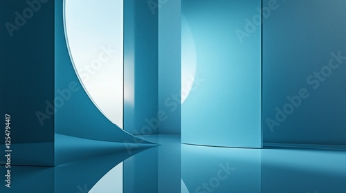 Abstract blue glossy room design.  Modern minimalist  3D render. AI generated