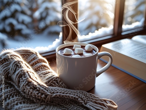 Warm and inviting winter moment with a steaming cup of hot chocolate topped with marshmallows, placed on a book by the window, surrounded by a soft knitted blanket, with snowfall in the background

 photo