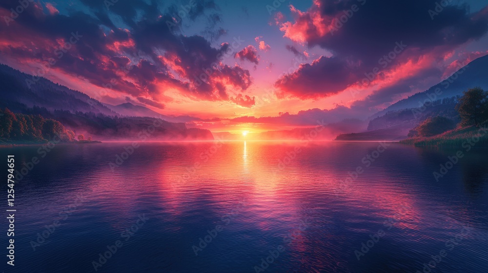 Fototapeta premium Serene Sunset Over a Misty Mountain Lake