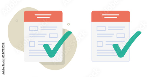 Exam form survey paper icon, quiz test document file flat graphic set, tax pass approve symbol, legal claim policy check mark, contract agreement application, good medical healthcare results image
