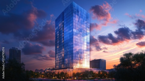 A modern glass skyscraper at dusk, reflecting the last rays of sunlight and city lights.