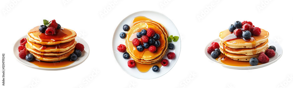 Delicious Stack of Pancakes with Berries and Syrup Isolated on White Background Delicious Stack of Pancakes with Berries and Syrup Isolated on White Background