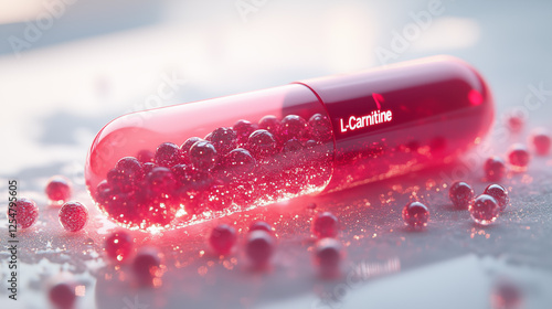Photo of a bold red capsule with glossy transparent coating filled with L-Carnitine, designed for fitness and fat-burning supplements.
