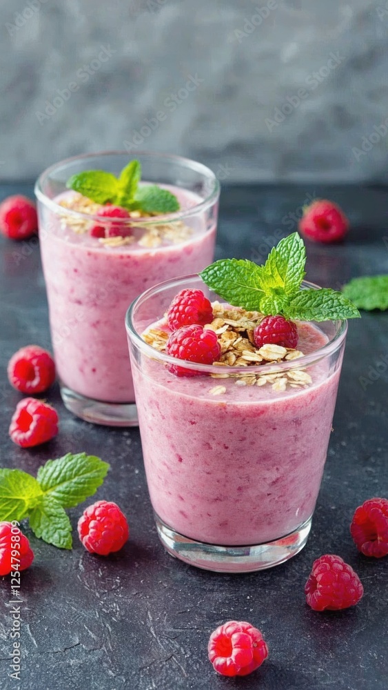 Raspberry Smoothie with Oatmeal and Mint